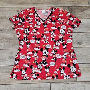 Disney Mickey and Minne Womens sz Lg  Medical Scrub Top Think Mickey